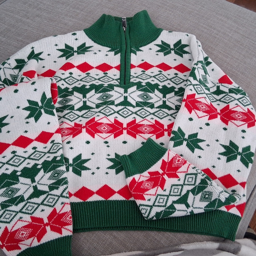 ASOS Nordic Fair Isle Quarter-Zip Sweater - Green White Red